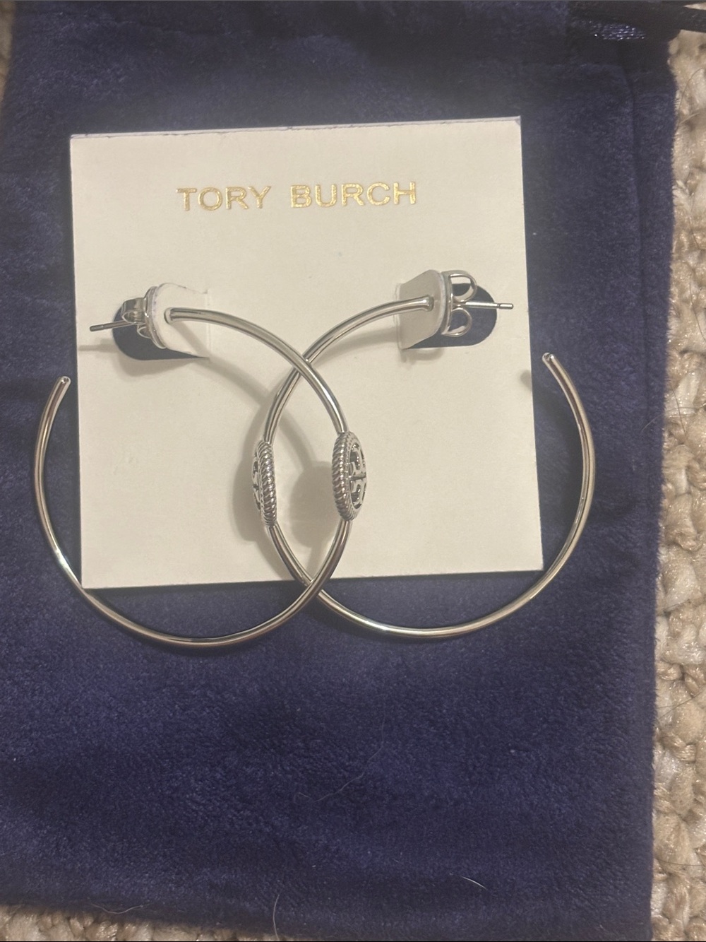 Tory Burch Silver Rope Logo Hoop Earrings - Picture 2 of 6